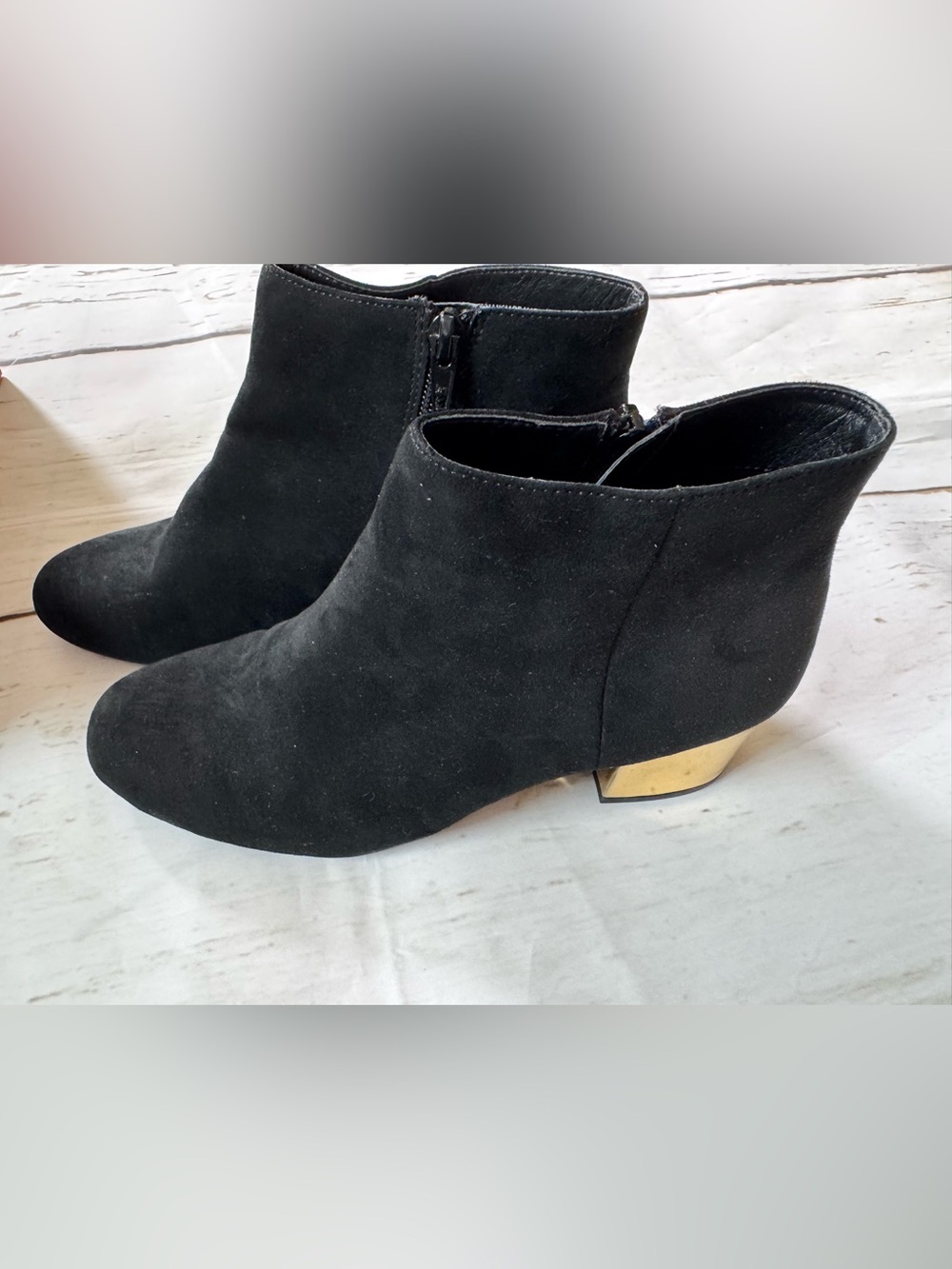 Arizona NIB Black Suede Ankle Boots with Gold Heel